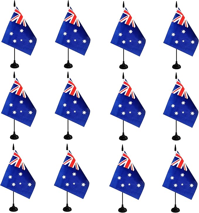 Australia Desk Flag, 12 Pack Australian Table Office Flag with Black Solid Pole and Stand Base, International Country Flag, Festival Celebration, Classroom Meeting Desktop Decor (Australia)
