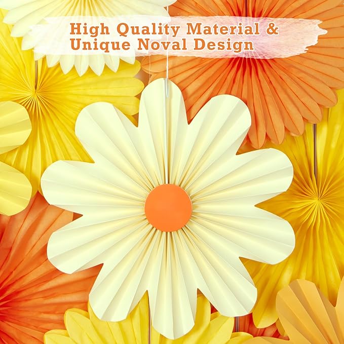 11PCS Paper Flowers Decorations for Wall Daisy Paper Fans Classroom Decoration Paper Orange Backdrop Decor Hanging Paper Fans for Birthday Baby Shower Indoor Spring Deco