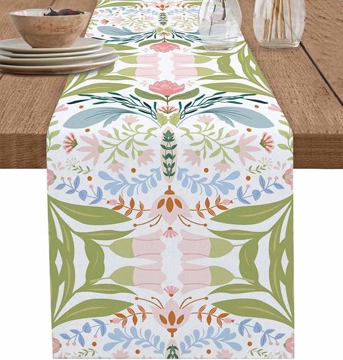 Green Blue Pink Boho Floral Cotton Linen Table Runner for Dining Kitchen, Wedding Outdoor Party Tablerunners Decoration, Retro Bohemian Botanical Dresser Scarf Coffee Tablecloth Runners 13x60 Inches