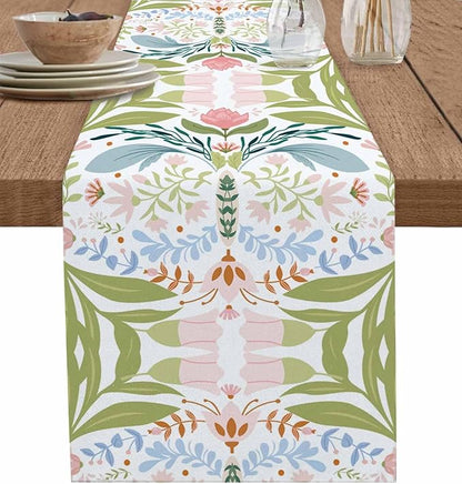 Green Blue Pink Boho Floral Cotton Linen Table Runner for Dining Kitchen, Wedding Outdoor Party Tablerunners Decoration, Retro Bohemian Botanical Dresser Scarf Coffee Tablecloth Runners 13x108 Inches