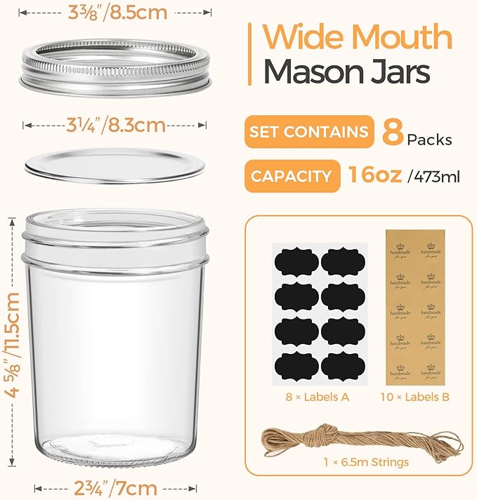 ComSaf Wide Mouth Mason Jars 16oz - 8 Pack, Pint Mason Jars with Lids and Seal Bands, Glass Canning Jars for Pickling, Jam, Jelly, Honey, Salad, Desert, Shower Wedding Favors, DIY Candles Decor