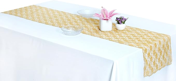 MDS Pack of 15 Wedding 12 x 108 inches Lace Table Runner for Wedding, Decorations for Birthday Parties, Banquets, Graduations, Engagements, and Runners fit Rectangle, Round Table- Gold