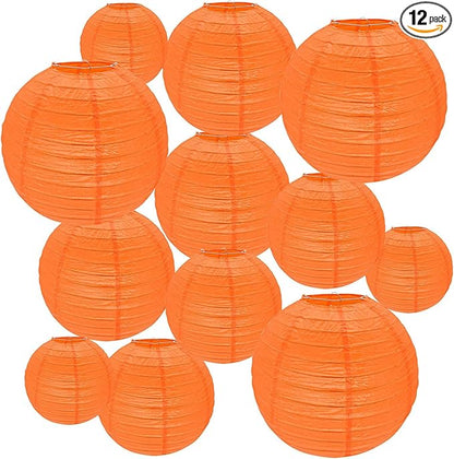 12Pcs Round Paper Lanterns Assorted Sizes (6" 8" 10" 12") for Home Decor, Restaurant, Church, Wedding, Birthday Party Decorations, Hanging Chinese Japanese Paper Lantern Lamps (Orange)