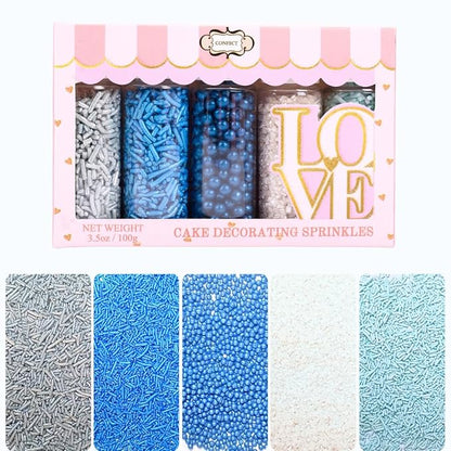 Confect Blue Sprinkles Mix – 5 Shades of Blue with Navy Dragees, Silver, Baby Blue Jimmies & White Sparkling Sugar | Edible Sprinkles for Cakes, Cupcakes & Baking | Vegan, Gluten-Free, Nut-Free, Soy-Free, Dairy-Free, Palm Oil-Free- 5 Oz