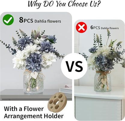 Fake Flowers with Vase,8 Dahlias, with a Flower Arrangement Holder,Silk Faux Dahlia Artificial Flowers in Vase,Centerpiece Table Decorations,Coffee Table Decor