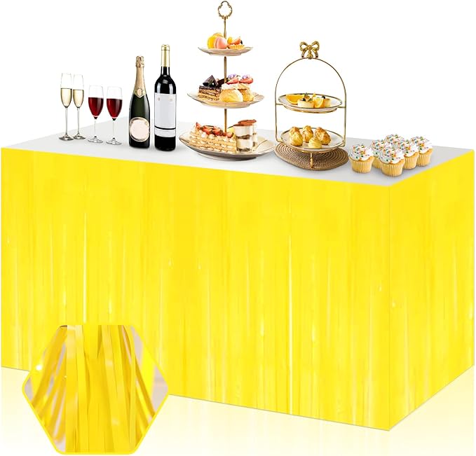 3 Pack 29x108 Inch Macaron Yellow Foil Fringe Table Skirts Metallic Banner for Tinsel Streamer Garland Backdrop for Parade Floats Wedding Thanksgiving Birthday Christmas Halloween Party Decoration