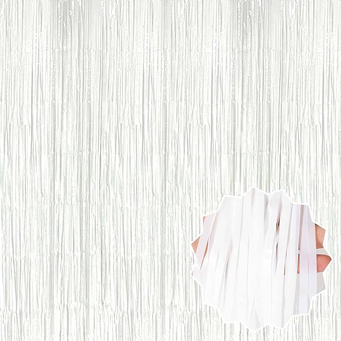 6 Pack Macaron White Foil Fringe Curtains Backdrop, 3.28 x 8.2 Ft Metallic Streamers Tinsel Curtains Background for Photo Booth, Birthday, Weddings, Carnivals, Graduation, Themed Party Decorations