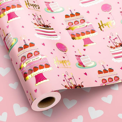 Yarcony Girls Birthday Wrapping Paper Roll, Pink Gift Wrapping Paper,Metallic Foil Pink Cartoon-Style Birthday Cakes Gift Wrap for Kid Party,Baby Shower,Wedding, Holiday,Christmas(17 Inch X 33 Feet)