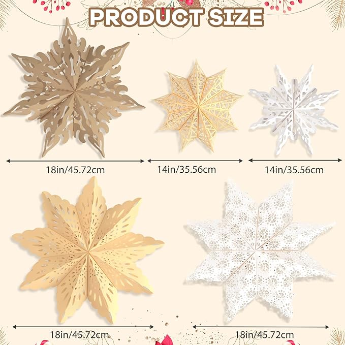5Pcs Christmas Paper Snowflake Lanterns, Large Christmas Paper Star Lanterns with LED Lights White Beige Khaki Hanging Snowflake Lamps for Xmas Winter Frozen Wedding Birthday Holiday Party Decorations