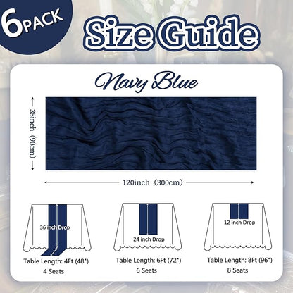 6 Pack Navy Blue Cheesecloth Table Runner 10ft Boho Gauze Fabric Cheese Cloth Table Runner 35 x 120 Inch Rustic Sheer for Romantic Wedding Decor Baby Shower Party Table Decoration
