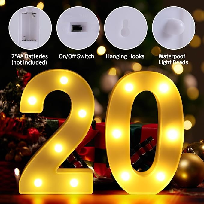 20th Birthday Decorations for Women Men,Happy 20 Year Old Birthday Decorations for Centerpieces Table,20 Light Up Numbers Sign Led for Party Backdrop Wall Decor for Wedding Anniversary Home