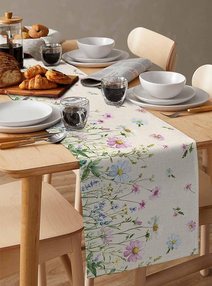 Vintage Wildflowers Cotton Linen Table Runner for Dining Kitchen, Wedding Outdoor Party Tablerunners Decoration, Farm Floral Pink Botanical Plants Dresser Scarf Coffee Tablecloth Runners 13x36 Inches