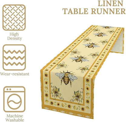 Honey Bee Table Runner, Farmhouse Yellow Sunflower Retro Summer Linen Tables Runners for Kitchen Dining Table Home Party Decor, 13x70inch
