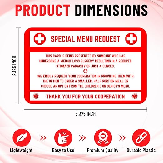 Bariatric Card for Restaurants, Special Menu Request Card, Portion Control Restaurant Request for Bariatric or Gastric Sleeve Patients, Wallet Sized, Set of 2 Cards (2, White, 3.375in x 2.125in)
