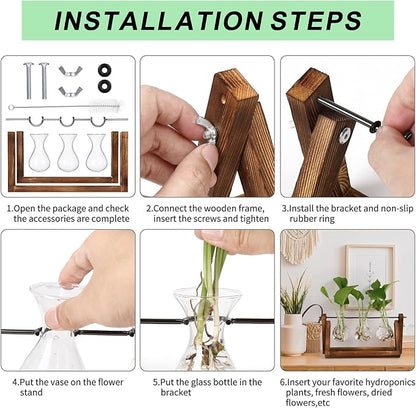 YIBOT Propagation Stations,Plant Terrarium with Retro Wooden Stand, Unique Gardening Birthday Gifts for Women Plant Lovers, Hydroponics Plants Home Office Garden Decor - 3 Bulb Glass Vases