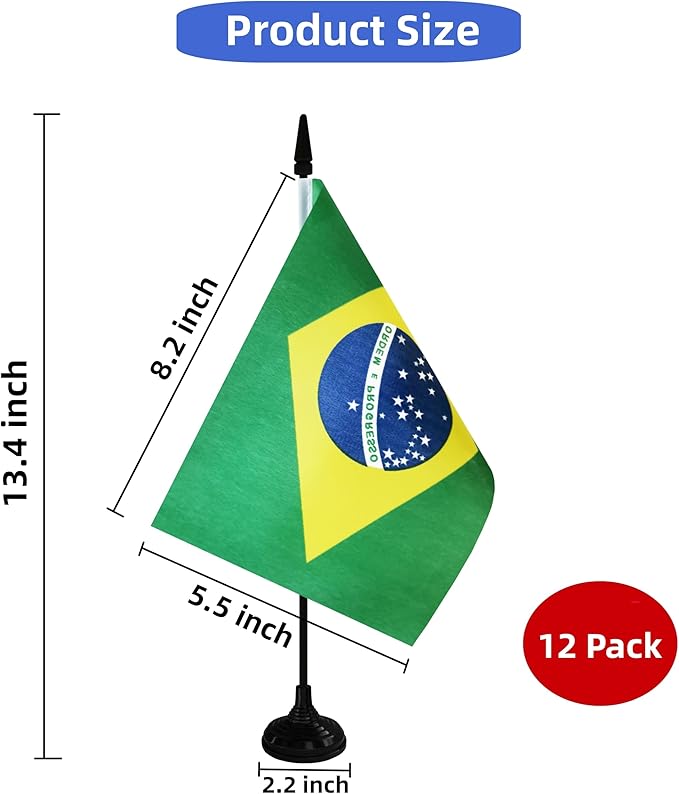 Brazil Desk Flag, 12 Pack Brazilian Table Office Flag with Black Solid Pole and Stand Base, International Country Flag, Festival Celebration, Classroom Meeting Desktop Decor (Brazil)