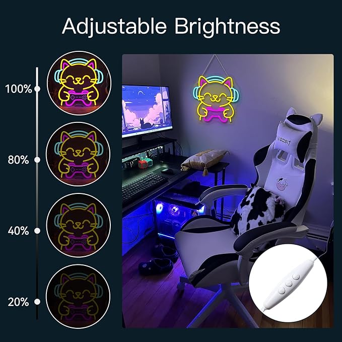 Ineonlife Game Cat Neon Sign for Wall Decor Light Up Cute Animal Led Signs for game room Acrylic Art Decor for home bar bedroom cafe man cave Decorations 12.99x12.6 inch USB POWER