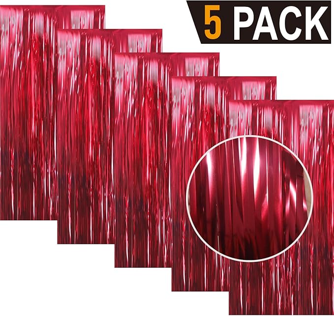 GOER 3.2 ft x 9.8 ft Metallic Tinsel Foil Fringe Curtains Party Photo Backdrop Party Streamers for Birthday,Graduation,New Year Eve Decorations Wedding Decor (5 Pcs,Burgundy)