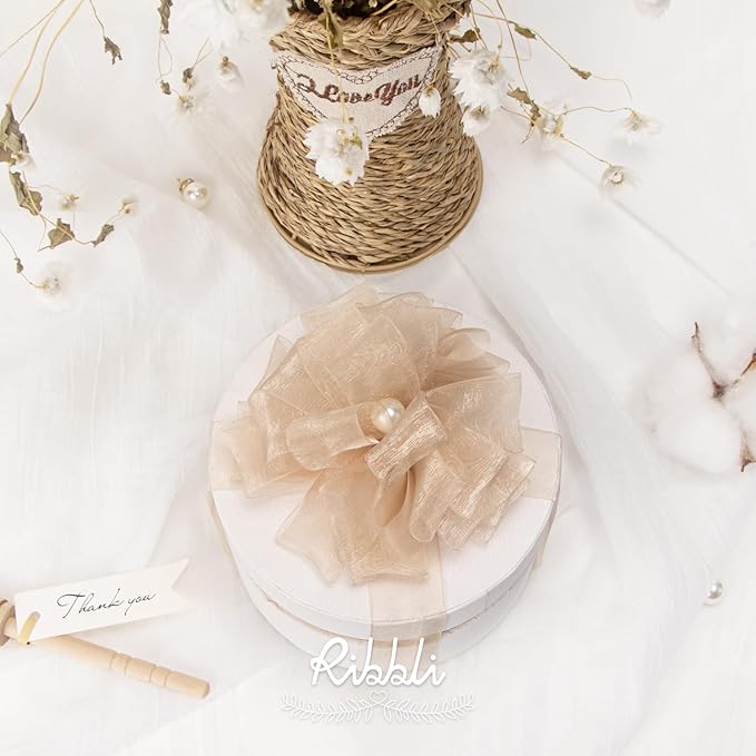 Ribbli Champagne Organza Ribbon,1/2 Inches x Continuous 50 Yard, Champagne Sheer Ribbon for Gift Wrapping,Cookie Wrapping,Wedding Decoration,All Crafting and Sewing