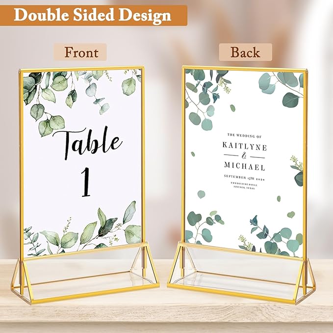 Floroom 24 Pack 5x7 Inch Clear Acrylic Sign Holders, Double-Sided Gold Display Stand Picture Frames for Table Numbers, Menus, Flyers, Weddings, and Offices