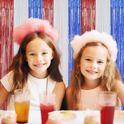 3 Pack Foil Fringe Backdrop - Red&White&Blue Shiny Tinsel Curtains for Party Decoration/Photo Booth Props - 3.3x8.2 FT Metallic Foil Backdrop for Birthday, Wedding, Graduation, Christmas.