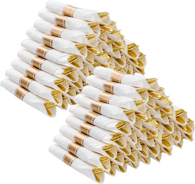 BESTVIP 100 Pack Pre Rolled Gold Plastic Silverware Set, Disposable Wrapped Cutlery Set with 100 Napkins, 100 Knives, 100 Forks and 100 Spoons for Party, Birthday