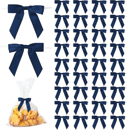 50Pcs Navy Blue Twist Tie Bows for Gift Wrapping 2.5" Satin Ribbon Bow for Treat Bags Cake Balloons Birthday Party Favors Wedding Decorations