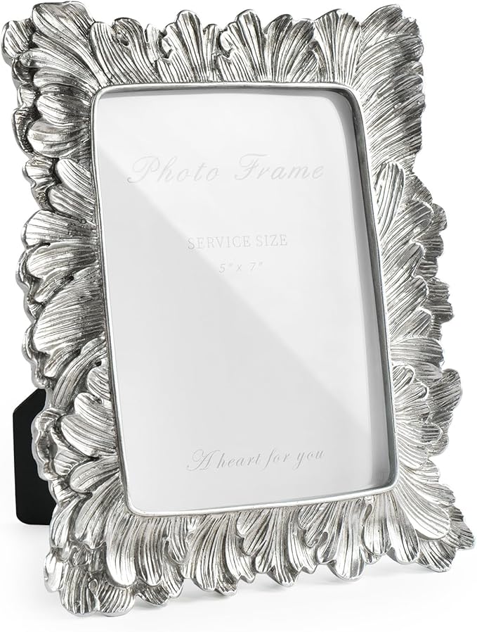 Silver 5x7 Picture Frame, Vintage Silver Palm Leaves Textured Hand-Crafted Resin with Glass Front Elegant Retro Vintage Rustic Design Photo Frame for Wall and Tabletop Display Home Decor