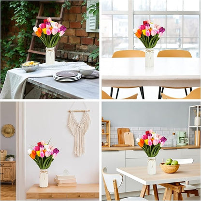 27pcs Colorful Artificial Flowers Tulips, Tulips with 1pc Plastic Vase, Fake Flowers Real Touch Flower 13.9", Christmas, Mother's Day, Easter, Valentine's Day, Family Kitchen, Wedding Decorations