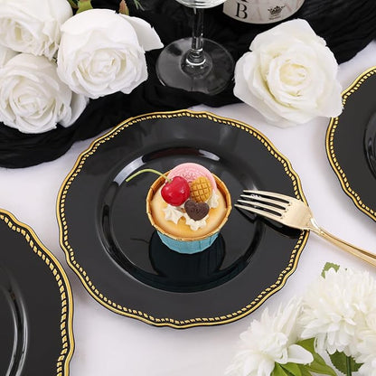 Hioasis 60pcs Black Plastic Plates - Black and Gold Disposable Dinnerware with Gold Rim, Heavy-duty, 7.5 inch, Dessert Plates for Party & Halloween