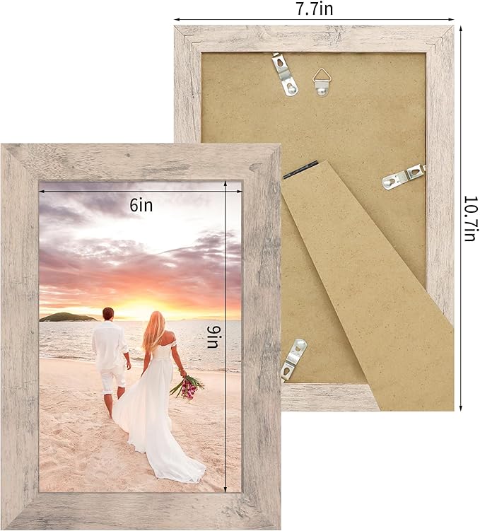 6x9 Picture Frame Set of 4, Smoke Gray Frame with High Definition Glass, 6 x 9 Wood Rustic Photo Frames for Horizontal or Vertical Tabletop and Wall Mounting