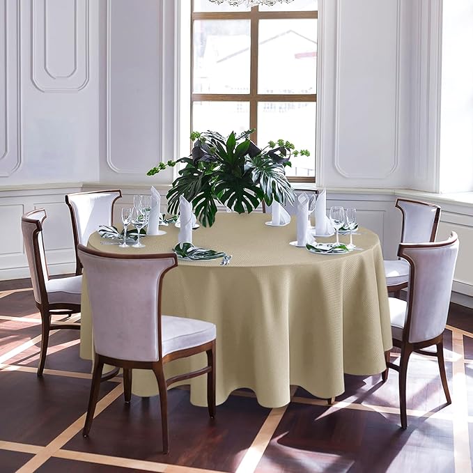 Biscaynebay Textured Fabric Round Tablecloths 108", Natural Water Resistant Table Cloth Circle Folding Table Covers Linen for Dining, Kitchen, Wedding, Parties etc. Machine Washable