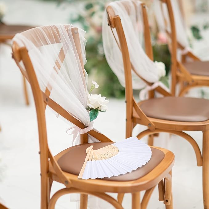 MCEAST 80 Pieces White Folding Paper Fans Wedding Fans Handheld Paper Fan White Bamboo Hand Fan Foldable Cool Favors with 80 Organza Bag for DIY Decor Wedding Party Favors Summer Guest