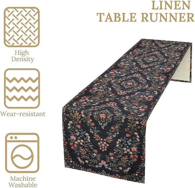 Morris Flower Table Runner, Vintage Blue Floral Rustic Country Style Floral Print Pattern for Home Kitchen Table Decor Dining Coffee Room Garden Party Decor 13x72in