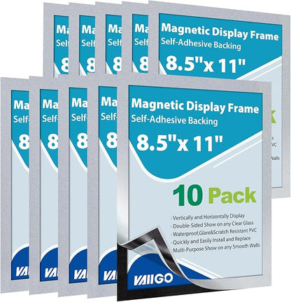 10Packs Magnetic Sign Holder 8.5 x 11, Self Adhesive Display Picture Frame with Magnetic Frame and Clear PVC for Office Store Home Door Window Refrige Magnetic Paper Holder, Silver