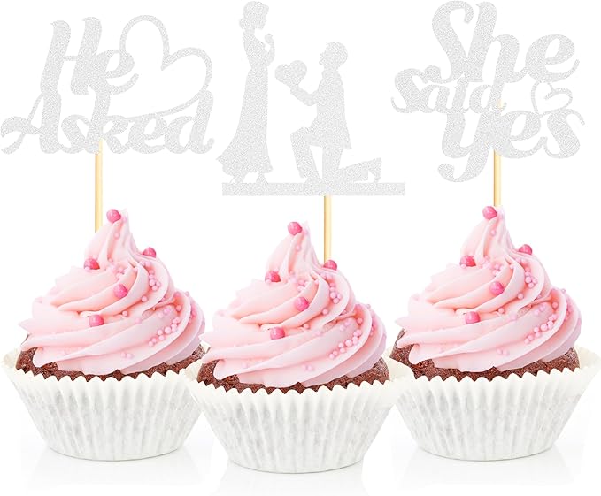Sotpot 24PCS He Asked She Said Yes Cupcake Toppers With Heart Silver Glitter for Wedding Bridal Shower Wedding Engagement Party Cake Decorations