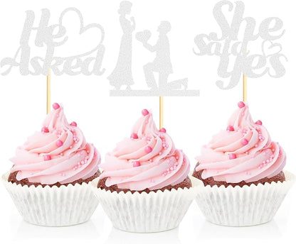 Sotpot 24PCS He Asked She Said Yes Cupcake Toppers With Heart Silver Glitter for Wedding Bridal Shower Wedding Engagement Party Cake Decorations