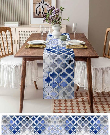 Blue Morocco Plaid Cotton Linen Table Runner for Dining Kitchen, Wedding Outdoor Party Tablerunners Decoration, Distressed Abstract Painted Vintage Dresser Scarf Coffee Tablecloth Runners 13''x108''
