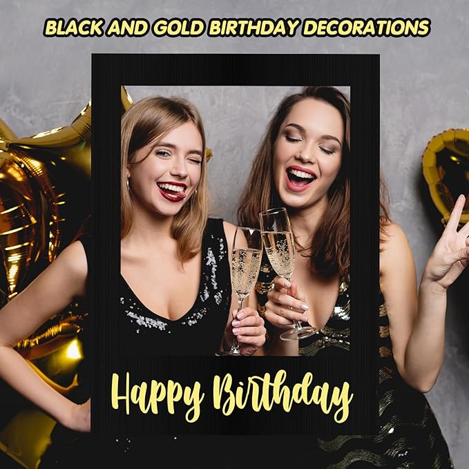 32 x 24 Inch Large Photo Booth Props Picture Frame Happy Birthday Party Frame DIY Cutouts Photo Booth Props Selfie for Party Supplies Favors(Black Gold,Happy Birthday)