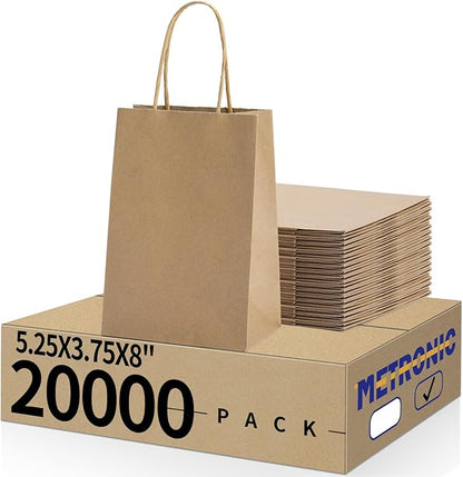 METRONIC Kraft Paper Gift Bags with Handles 5.25x3.75x8 Inch 20000 Pack | Christmas, Birthday Party Favors, Retail Shopping, Small Business Bulk | Brown Gift Wrap Bag