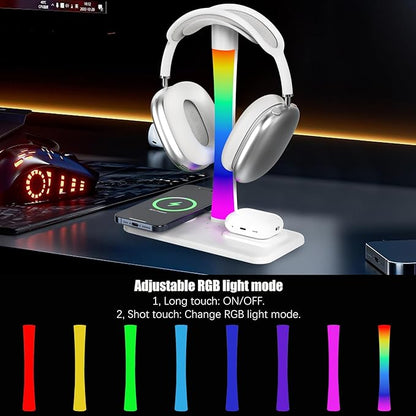 Headphone Stand with Wireless Charger,Gaming Headset Stand with RGB Light Mode,Airpod Max Stander Compatible with Airpod Pro/3/2,iPhone 16/15/14/13/12/11,Gifts for Gamers & Music Lover (White)