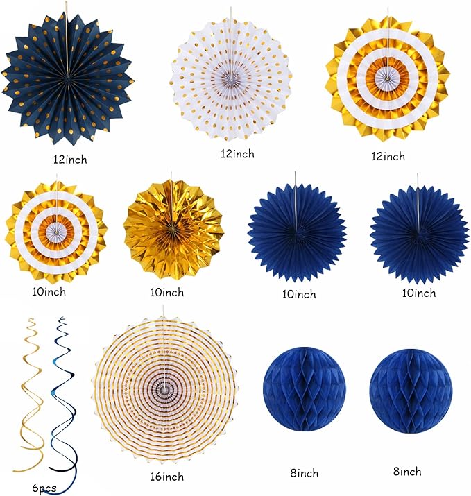 Navy-Blue White-Gold Graduation Party-Decorations - 33pcs Kits Banner, Streamers Tassel Garland,Tissue Pom Poms Honeycomb, Paper Lantern Fans,Wedding Birthday Baby Shower Backdrop Ceiling Decor Hugtmr