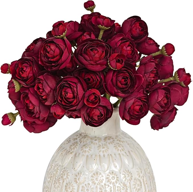 Letjolt Ranunculus Artificial Flower 18 Pcs Red Silk Ranunculus Wedding Bouquet Engagement Centerpieces Arrangements Bridal Shower Decorations Home Decor, Dark Red