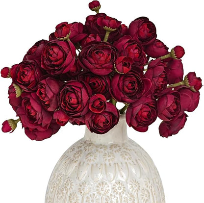Letjolt Ranunculus Artificial Flower 18 Pcs Red Silk Ranunculus Wedding Bouquet Engagement Centerpieces Arrangements Bridal Shower Decorations Home Decor, Dark Red