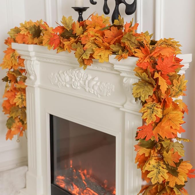 PARTY JOY 6PCS Orange Leaf Garland, 5.6Ft Halloween Garland Artificial Maple Leaf Autumn Hanging Fall Vines Thanksgiving Decorations Fall Decor
