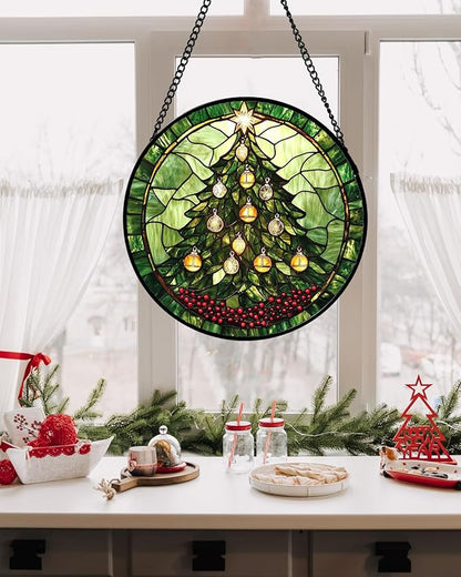 Stained Glass Window Hanging - Green Christmas Tree Golden Bells Suncatcher for Doors Home Christmas Decoration Sun Catcher Thanksgiving New Year Birthday Gift for Women Men Mom Nana 6.3 in