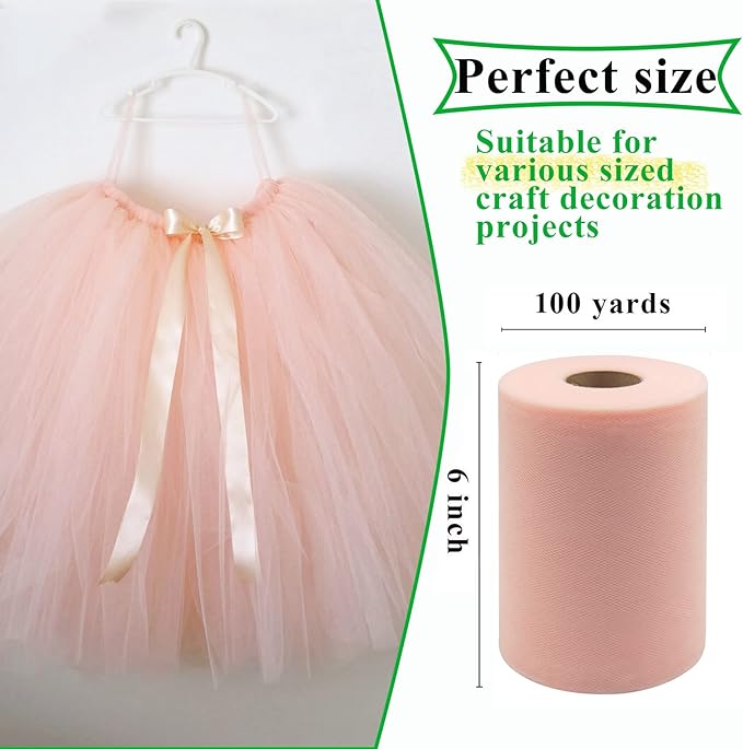 Blush Tulle Fabric Rolls 6 Inch by 100 Yards (300 feet) Fabric Spool Tulle Ribbon for DIY Blush Tutu Bow Baby Shower Birthday Party Wedding Decorations Christmas Craft Supplies