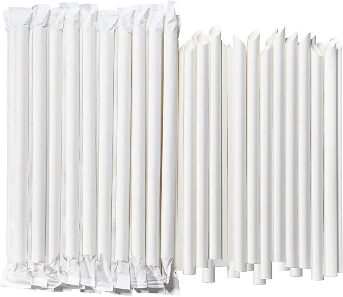 9 Inch Individually Wrapped Disposable White Paper Boba Straws, Bubble Tea Straws 100 Counts, 0.5"/12mm Wide - Pointed End, Extra Thick, Fat - Eco-friendly Biodegradable