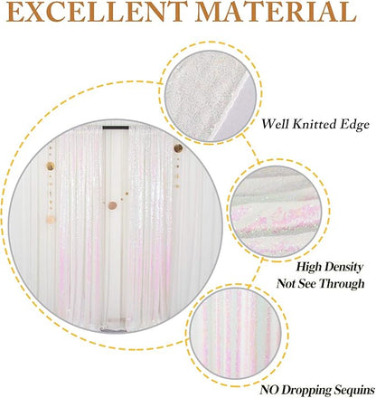 ShinyBeauty Sequin Backdrop 2FTx8FT Iridescent White 2 Pieces White Sequin Back Drop Glitter Background Sparkly Backdrop for Photograph Decorations