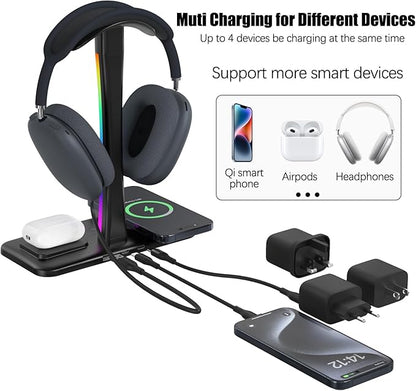 Headphone Stand with Wireless Charger,Gaming HeadsetStand with RGB Light Mode,AirpodMaxStand Compatible with Airpod Pro/3/2,iPhone 16/15/14/13/12/11,Samsung,Gifts for Gamers and Music Lover